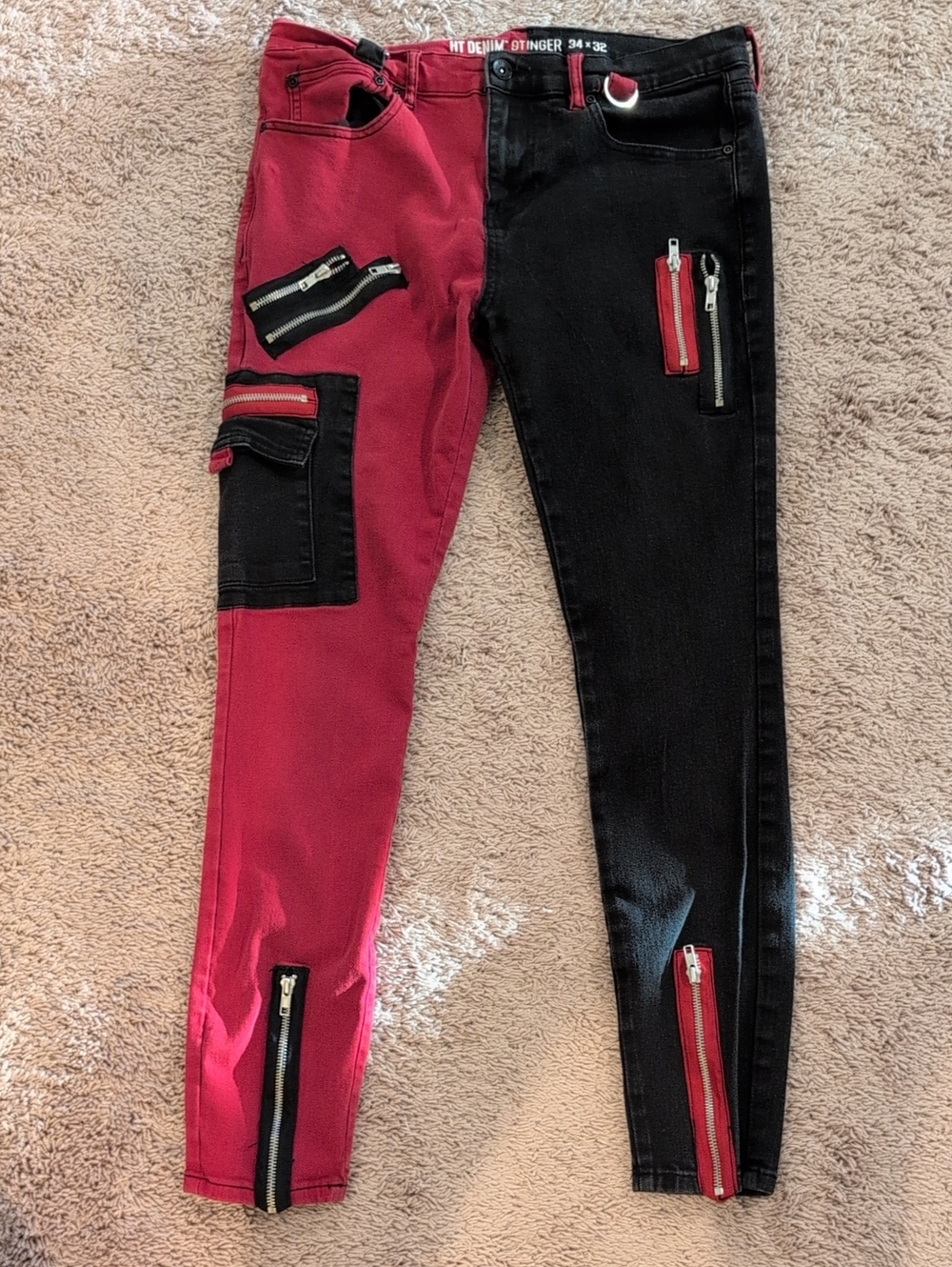 Men's Two-Tone Skinny Jeans — Red & Black Zip-Accent Design